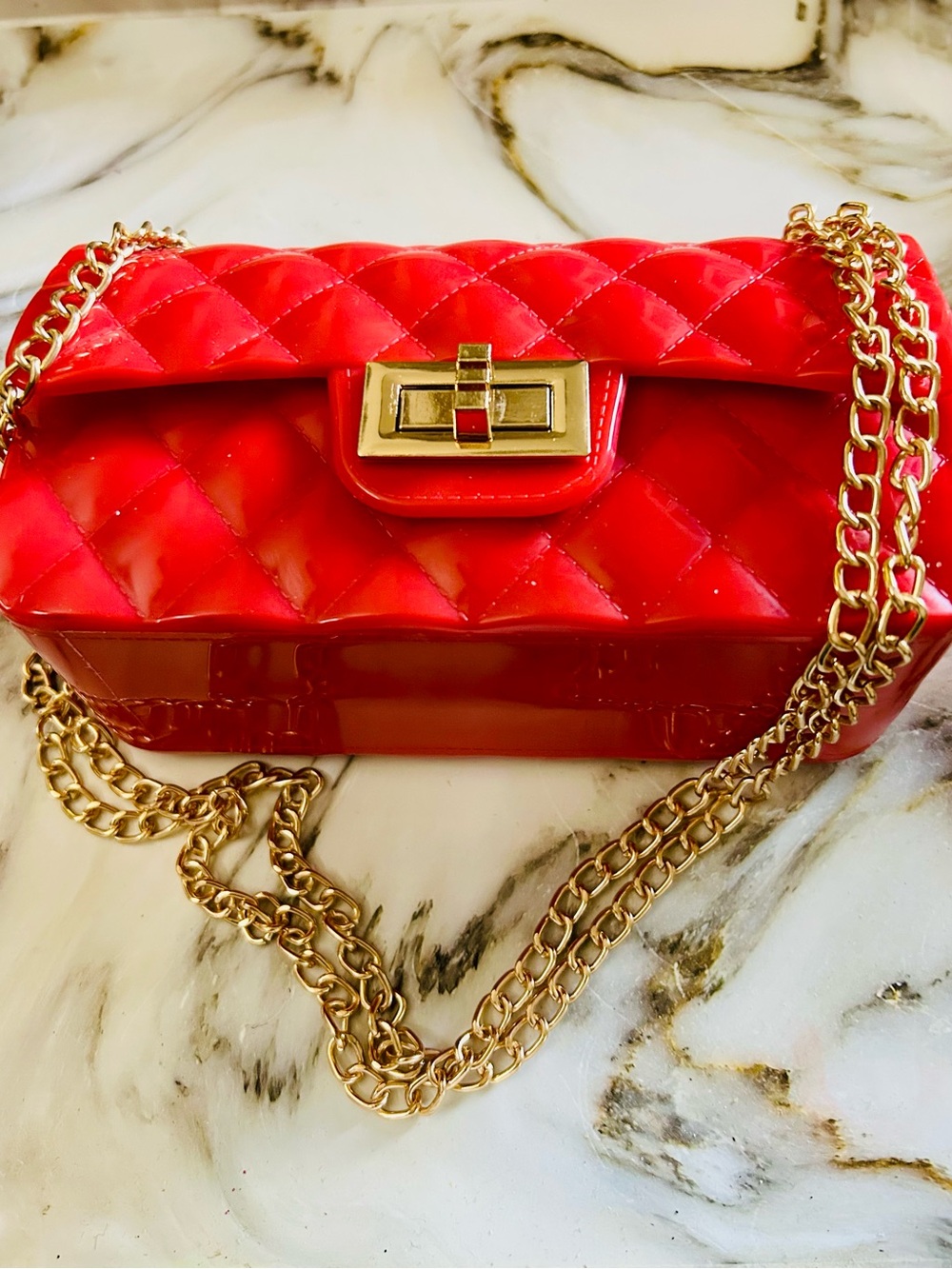 Quilted Patent Chain Shoulder Bag - Orange Never Used